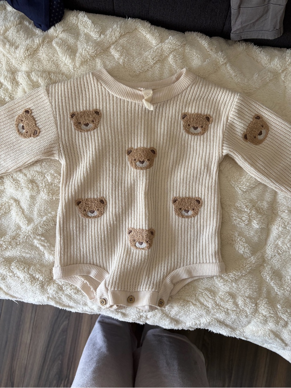 Cream Knit Teddy Bear One-Piece Bodysuit for Kids